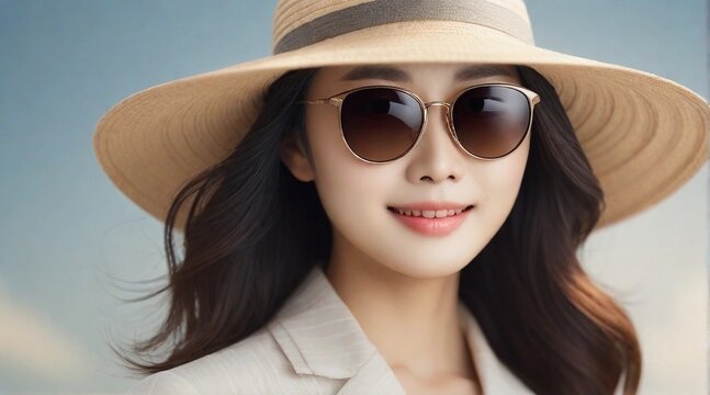 beautiful smiling japanese female wearing hat and sunglasses portrait with space for text, background image, AI generated