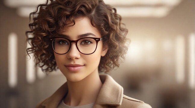 beautiful curly brown hair female wearing glasses portrait with space for text, background image, AI generated