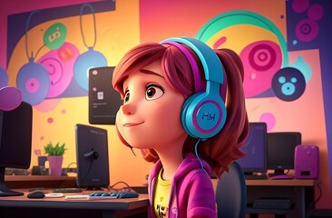 3D girl with headphones in a colorful vivid background. Girl headphones happy listen music. Isolated 3d cartoon design vector children Illustration. Auditory hallucinations. Mental health concept