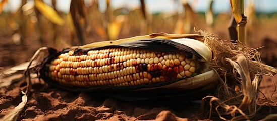 Sick rotten corn cob with black maize kernel in field up close - obrazy, fototapety, plakaty