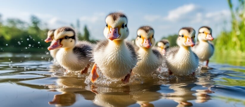 Colorful Muscovy duck siblings showcasing unity while joyfully running towards the camera