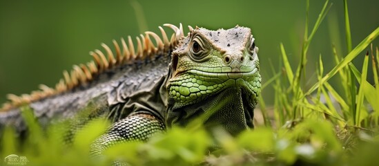 Obraz premium Non native Green Iguana lizard found near drainage canal in South Florida
