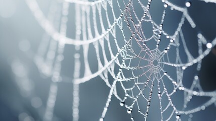 Frozen dew drops on a delicate spiderweb with frosty textures. - obrazy, fototapety, plakaty