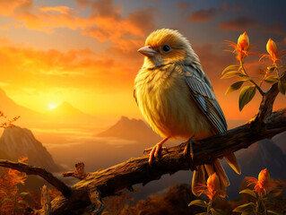 Beautiful bird on a branch at sunset with a wonderful view - obrazy, fototapety, plakaty