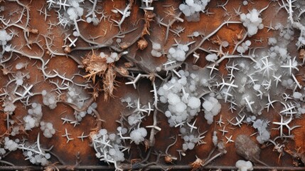 Hoarfrost creating intricate textures on a rusty metal surface.