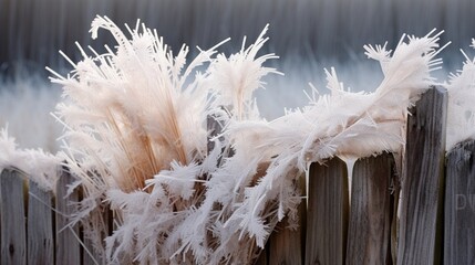 Hoarfrost creating stunning textures on a wooden fence.