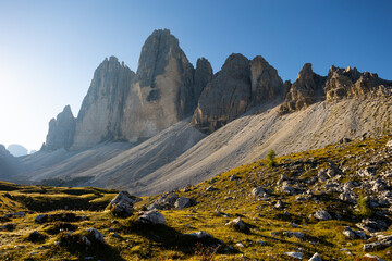 Three peaks of Lavaredo, famous mountain peaks of Tre Cime, South Tyrol, Italy
