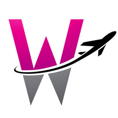 Magenta and Black Futuristic Letter W Icon with an Airplane
