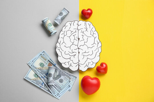 Emotional And Rational. Paper Human Brain, Dollar Banknotes And Red Hearts On Color Background, Flat Lay