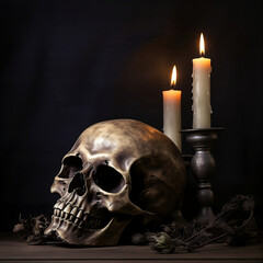 Moody Still Life with Golden Skull and Lit Candles - Perfect for Dark Academia Aesthetics, Halloween Decor, and Gothic Themes