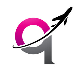 Obraz premium Magenta and Black Lowercase Letter Q Icon with an Airplane