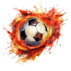 Watercolor soccer flying fast among fire isolated.