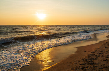 Landscape viewpoint panorama  summer sea wind wave cool holiday calm coastal sunset sky light orange golden evening day look calm Nature tropical Beautiful sea water travel Bangsaen Beach thailand