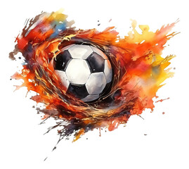 Watercolor soccer flying fast among fire isolated.