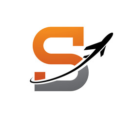 Orange and Black Antique Letter S Icon with an Airplane