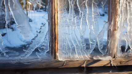 Ice formations on the windowsill of an old cabin.