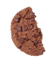 Half of tasty chip cookie with chocolate crumbs isolated on white