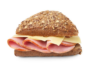 Delicious sandwich with ham and cheese isolated on white