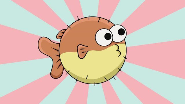 The animation forms a puffer fish icon with a rotating background