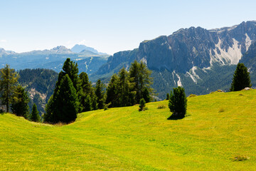 Scenic view of high rocky peaks of Italian Dolomites with alpine meadows and lush green forest slopes on sunny summer day..