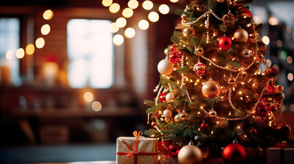 Fototapeta na wymiar Beautiful Christmas tree with gifts around on a beautiful Christmas morning