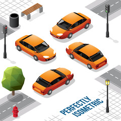 Fototapeta premium Orange Isometric Car from Front Back Right and Left