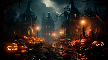 A scary city with pumpkins on Halloween - obrazy, fototapety, plakaty