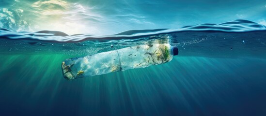Floating plastic bottle pollutes the blue sea water and the environment