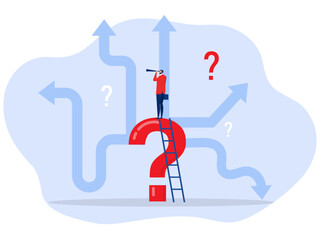 Decision making concept Businessman looking binoculars on question mark about career path work direction or choose the right way to success concept vector