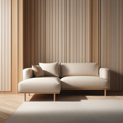 Beige corner sofa against of wooden paneling wall. Minimalist interior design of modern living room. Created with generative AI