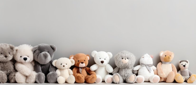 Several fluffy toys are on the floor in the kids room