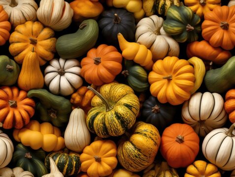 Decorative Ornamental Gourd Pumpkin Squash Colorful Harvest Fall Autumn Repeating Tiled Tesselation Background Pattern Image	
