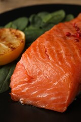 Tasty grilled salmon with lemon and basil on plate, closeup