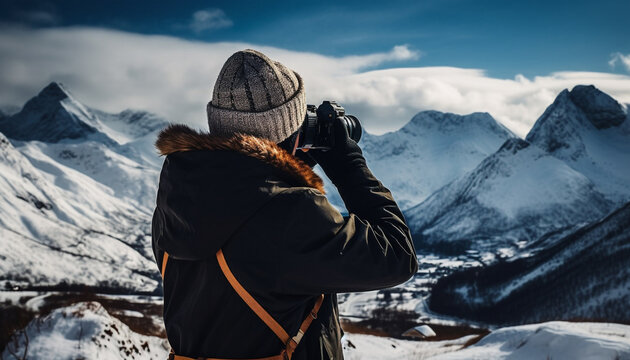 One person hiking in winter, photographing mountain peak with camera generated by AI