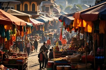 A bustling bazaar with colorful tents selling spices, textiles, and trinkets.
