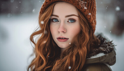 Fototapeta na wymiar Beautiful young woman in winter fashion, smiling at camera outdoors generated by AI