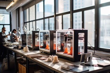 3D printers creating prototypes in a tech innovation lab. - obrazy, fototapety, plakaty