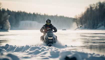 Men driving motorcycles in the snow, extreme winter adventure generated by AI