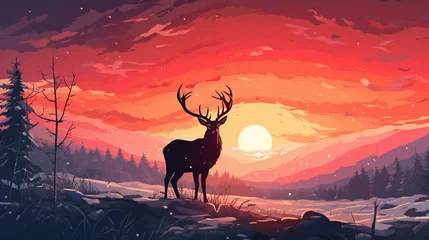 Foto op Canvas The silhouette of a deer standing in a field, framed by the radiant colors of the setting sun and surrounded by a snowy landscape. © Ibraheem