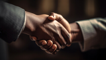 Businessman and businesswoman shaking hands in close up, celebrating success generated by AI