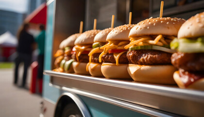 Fast food on food truck in city festival - obrazy, fototapety, plakaty