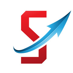 Red and Blue Futuristic Letter S Icon with a Glossy Arrow