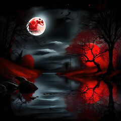 Crimson Nightmare: Illustration of a Horrified Red Jungle and River Scene