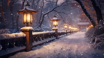 The soft glow of lanterns lighting a path through a snow-covered park at night.