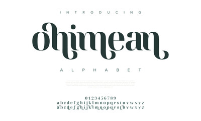 Ohimean premium luxury elegant alphabet letters and numbers. Elegant wedding typography classic serif font decorative vintage retro. Creative vector illustration