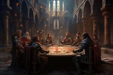 A group of knights gathered around a round table in a castle. - obrazy, fototapety, plakaty
