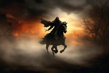 A headless horseman galloping through the fog. - obrazy, fototapety, plakaty