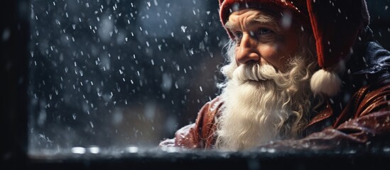 Santa Claus figure against a wet window backdrop