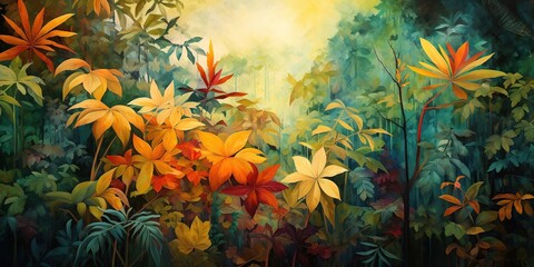 Fototapeta na wymiar Abstract Rainforest Canopy: A lush, abstract depiction of a tropical rainforest canopy, teeming with rich, vibrant foliage, set against a backdrop of warm, earthy colors