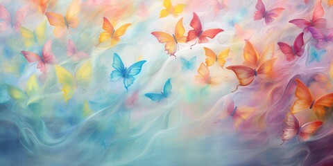 Prismatic Butterfly Dreams: An abstract representation of prismatic butterflies in flight, forming intricate patterns in a soft, pastel palette, conveying a sense of beauty, transformation, and grace 
